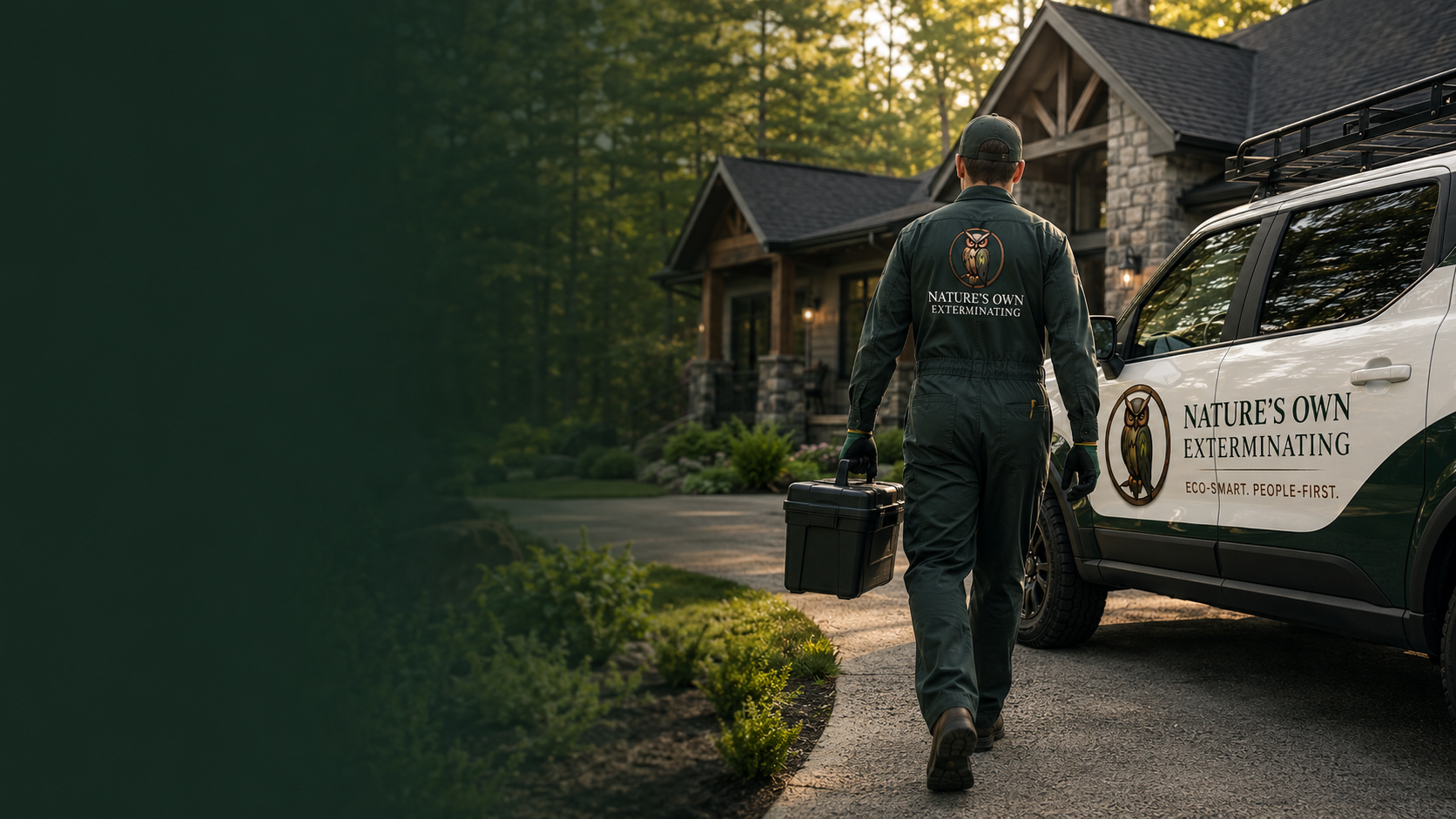 Nature's Own technician walking toward an upscale home beside a branded service truck